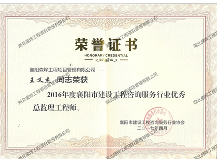 王义杰--2016年度襄阳市建设工程咨询服务行业优秀监理工程师